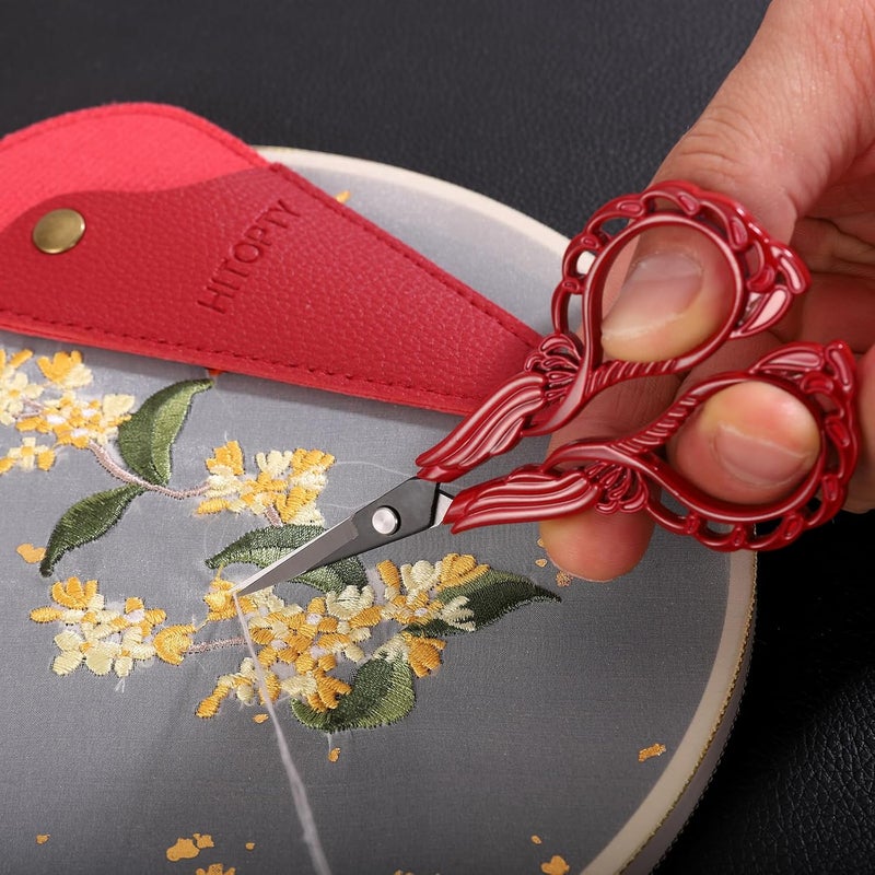 HITOPTY Sewing Embroidery Scissors with Cover, Sharp Threading Scissors for Needlework Craft Yarn Art Paper Detail Cutting, Straight Tip Little Snips Red Vintage - Image 5